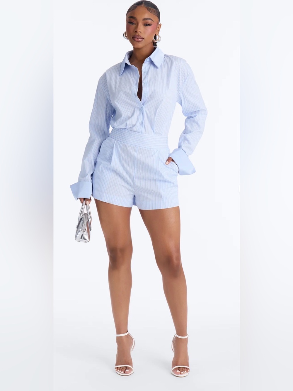Fashion Nova Light Blue Pinstripe High-Waist Shorts